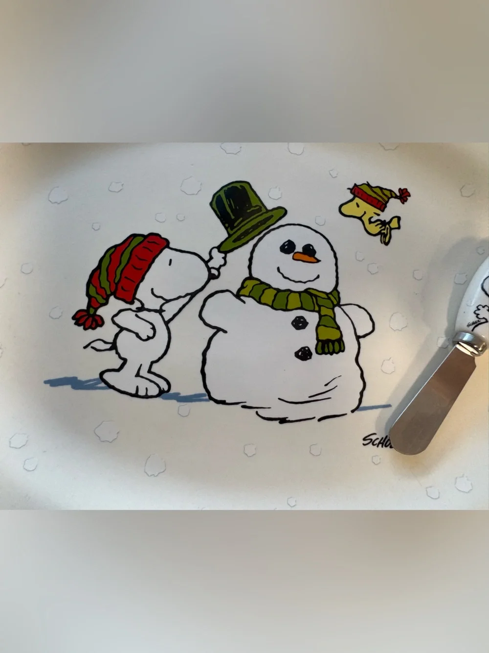 Peanuts Snoopy Snowman Holiday Serving Platter, Charcutie Tray with spreader